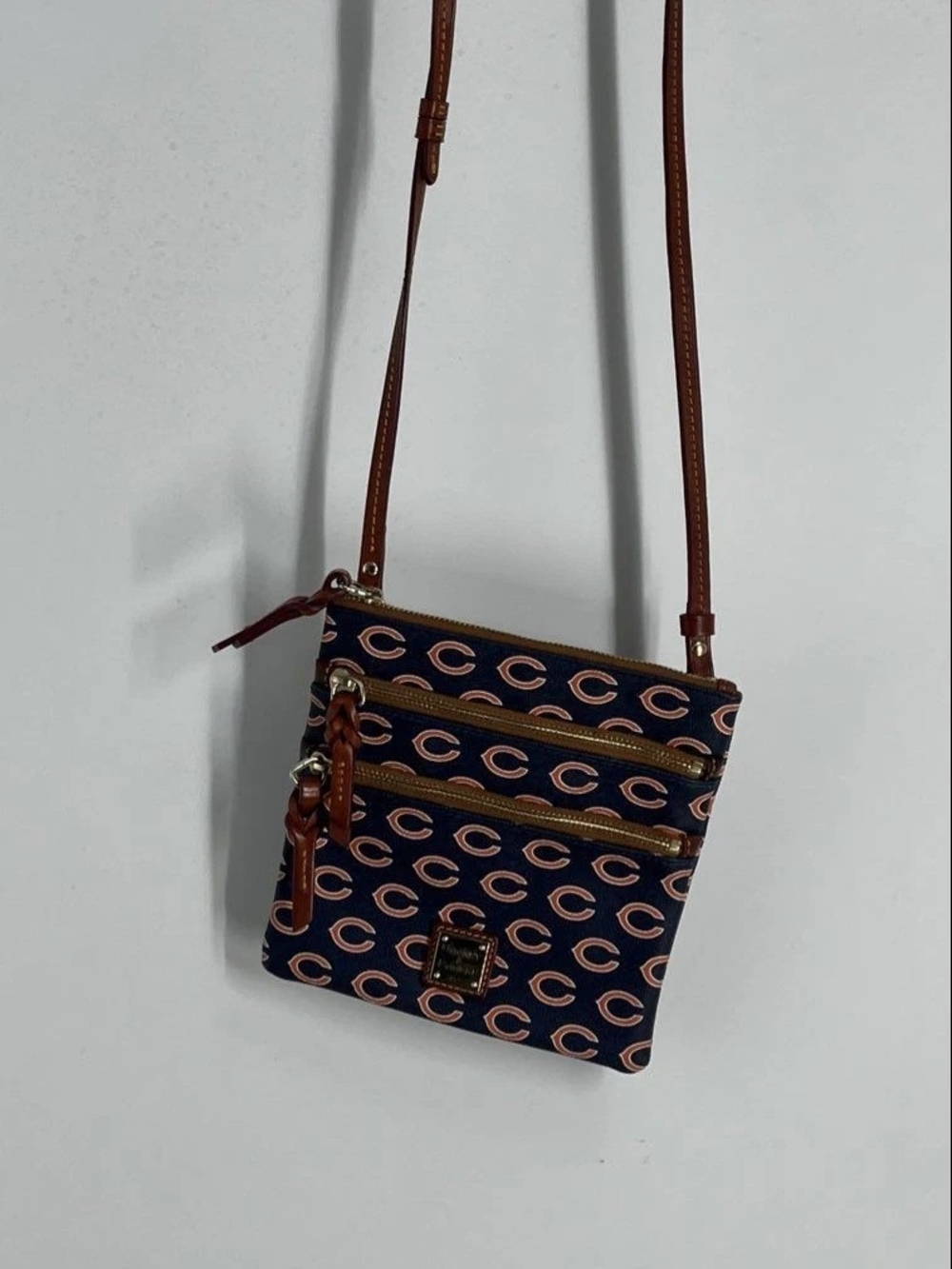 Dooney & Bourke Navy Chicago Bears NFL Signature Crossbody Bag with Brown Trim